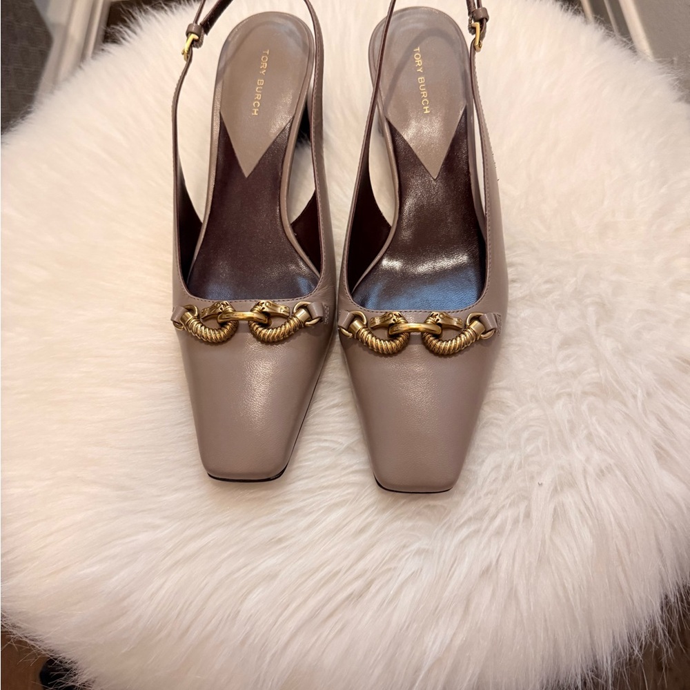 Tory Burch Jessa Heels in Brown with Gold Accent - Picture 2 of 4